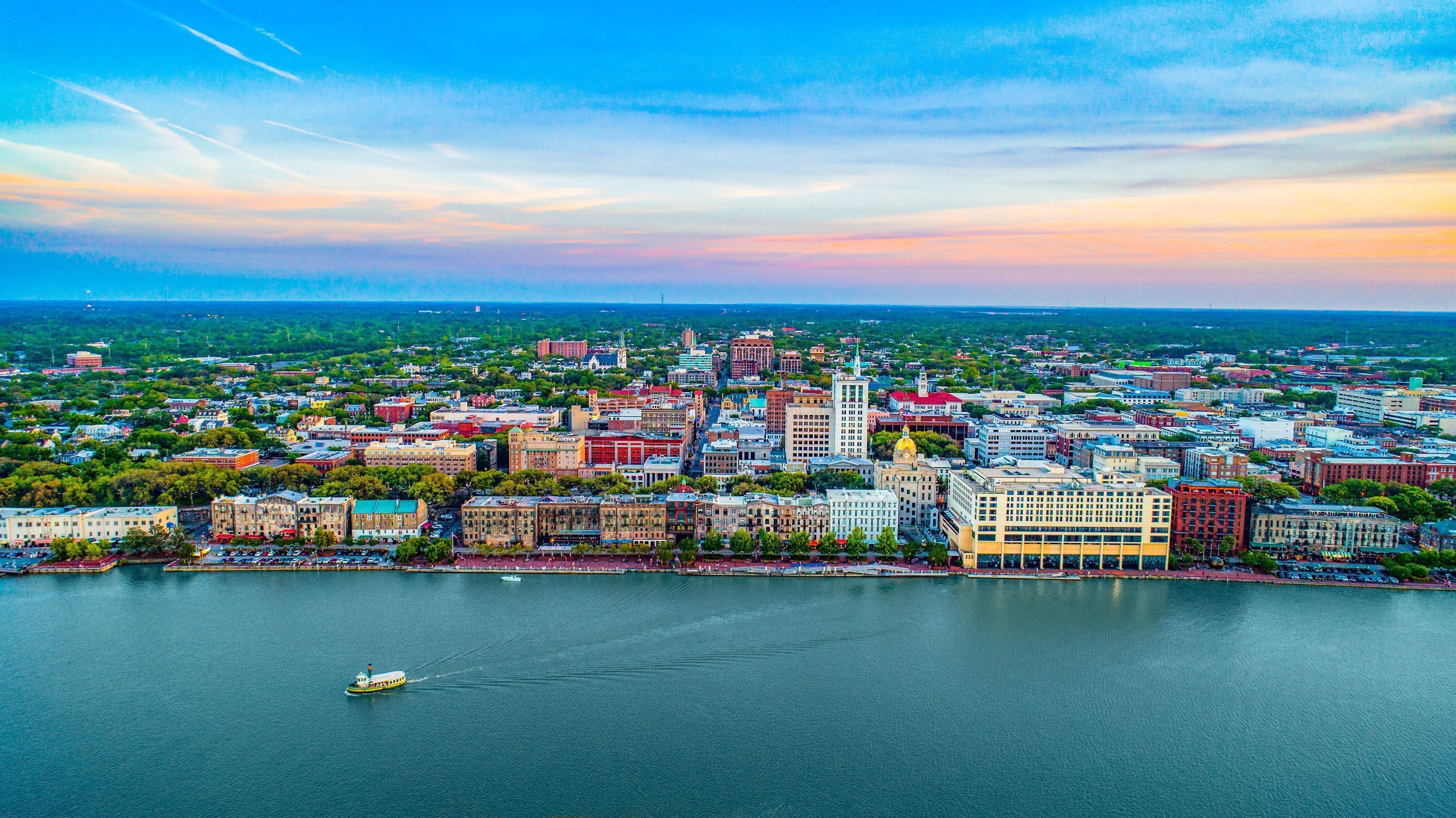 Savannah riverfront and downtown at sunset
