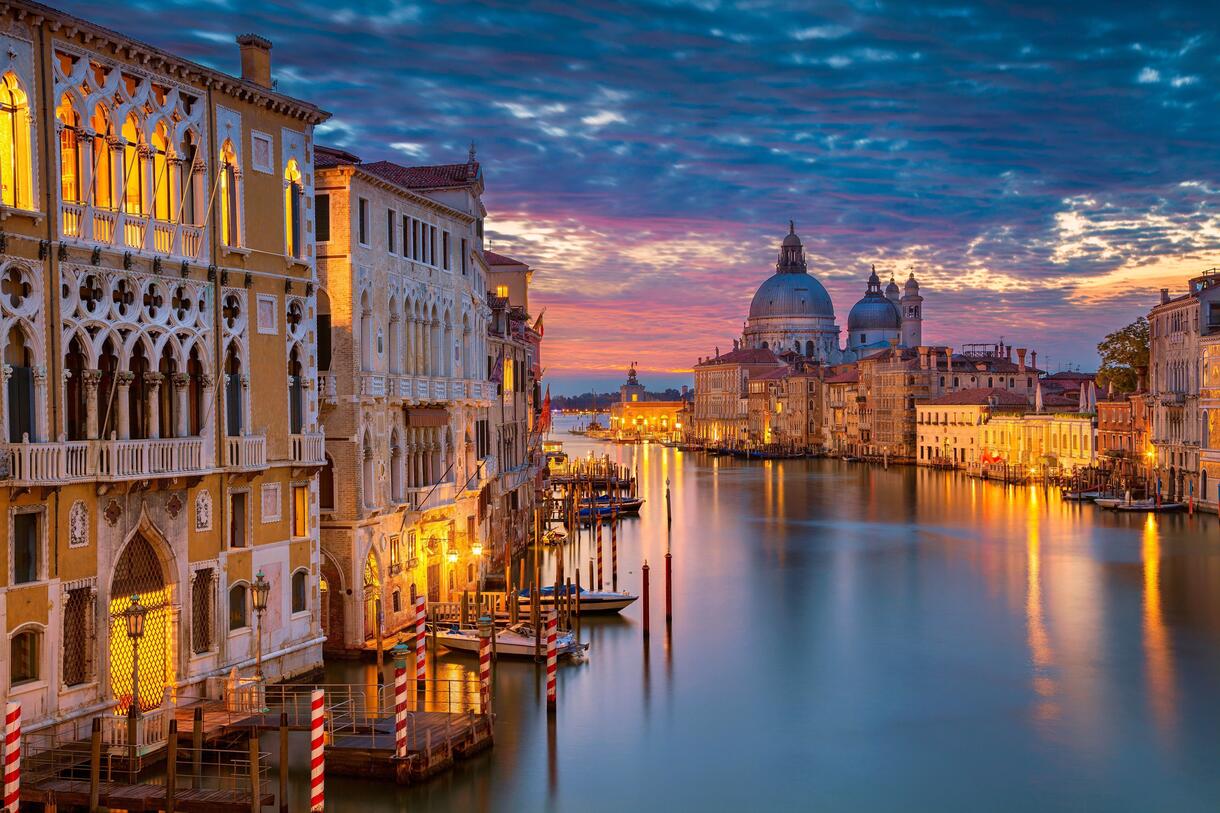 Venice, Italy -- canal, gondolas and historic palaces