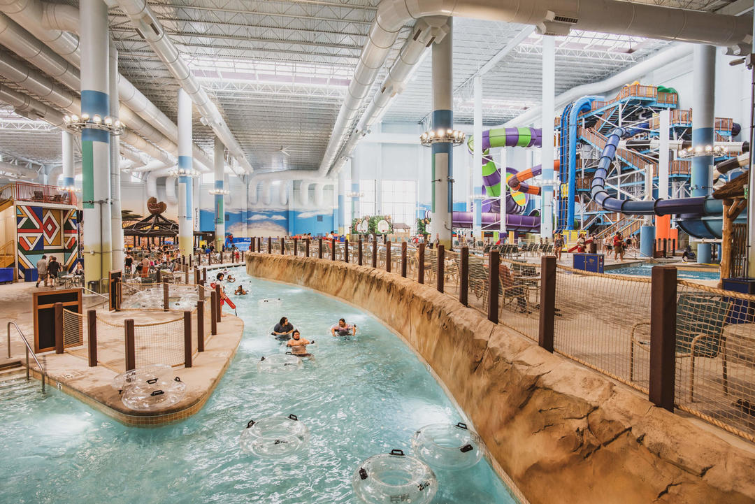 Colorful slides and lazy river inside Kalahari Round Rock's indoor waterpark